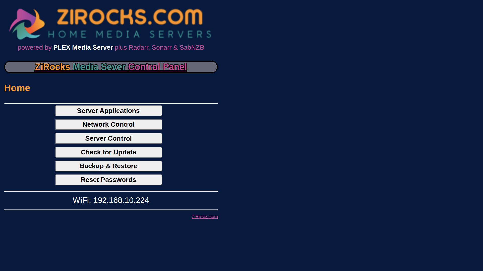 ZiRocks Media Server Control Panel